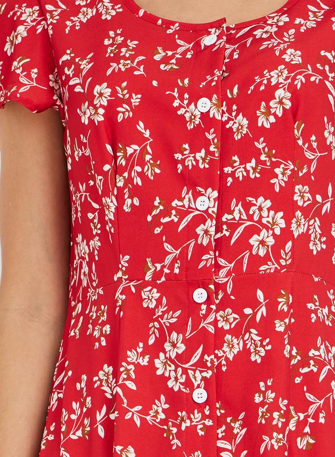 تايك تو فستان ميدي نسائي أحمر بطبعات زهور وأزرار أمامية - Image 4