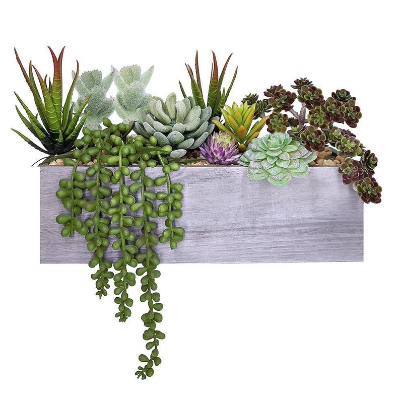 Supla Artificial Potted Succulents Plants Arrangement Fake Succulent Plants in Rectangular Wooden Pot Arrangement for Table Centerpiece Windowsill Greenery Decor - Image 1