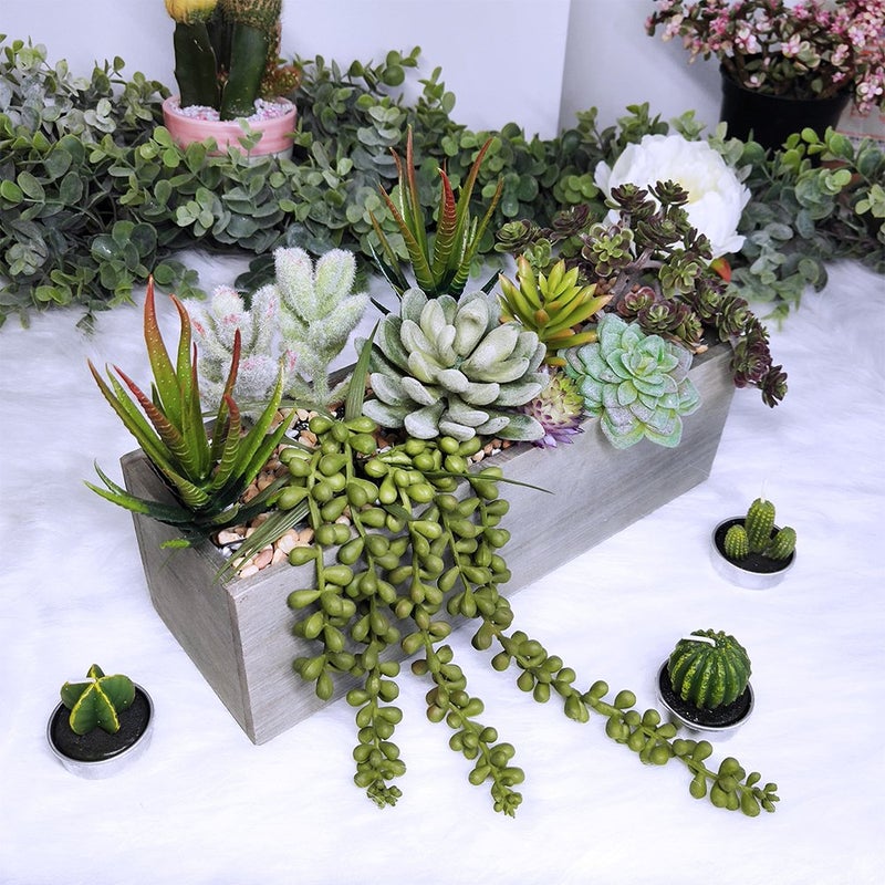 Supla Artificial Potted Succulents Plants Arrangement Fake Succulent Plants in Rectangular Wooden Pot Arrangement for Table Centerpiece Windowsill Greenery Decor - Image 3