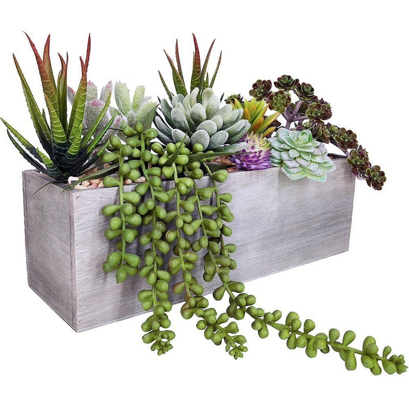 Supla Artificial Potted Succulents Plants Arrangement Fake Succulent Plants in Rectangular Wooden Pot Arrangement for Table Centerpiece Windowsill Greenery Decor - Image 2