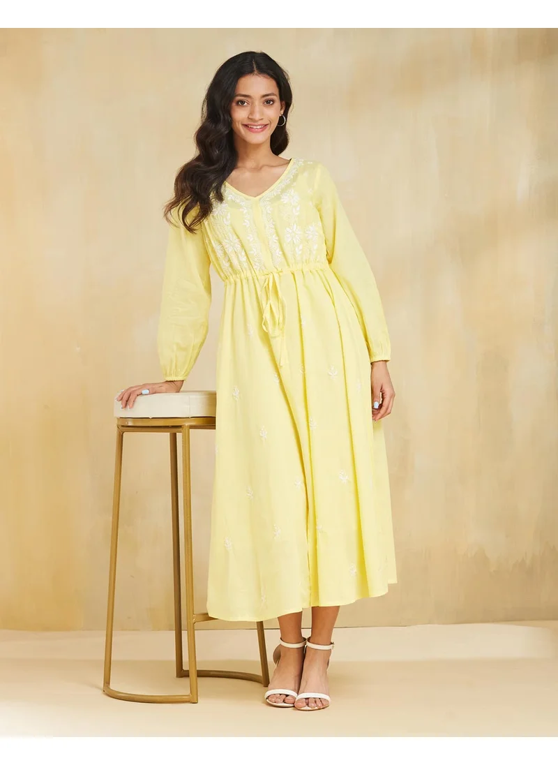 Fabindia Yellow Cotton Blend Chikankari Maxi