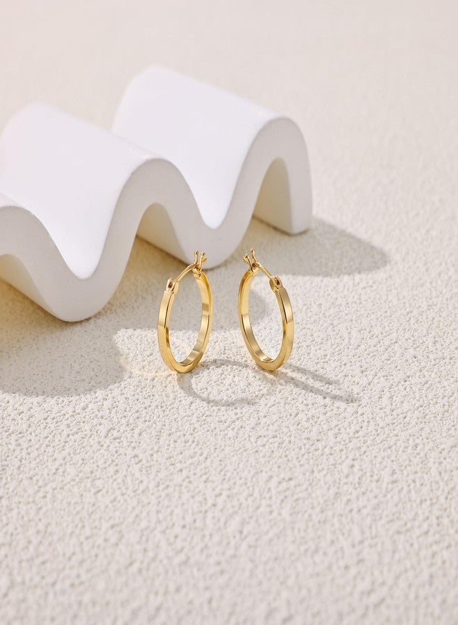 Gacimy Flatted Hoop Earrings for Women 14K Gold Plated with 925 Sterling Silver Post, 15mm, Brass, No Gemstone - Image 4
