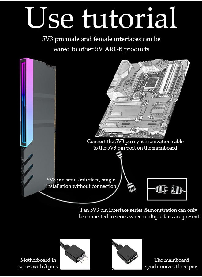 DUNISO - Heatsink cooler, RGB Fin Heatsink , made of aluminum magnesium alloy and thermal conductive silicone material, 5V3 pin, suitable for most desktop memory bare strips, black - Image 1