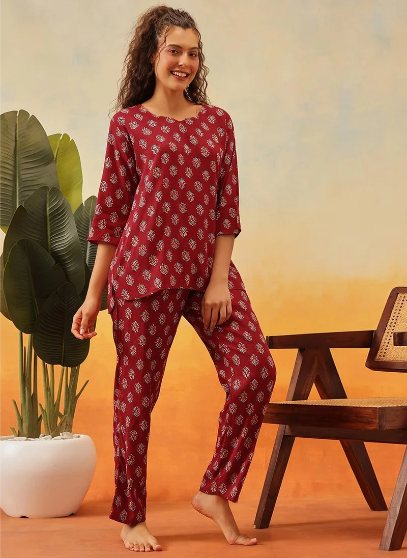 Clovia Maroon Clovia Floral Print Kurta Top & Pyjama Set in Maroon - Rayon for Women | Best Price UAE