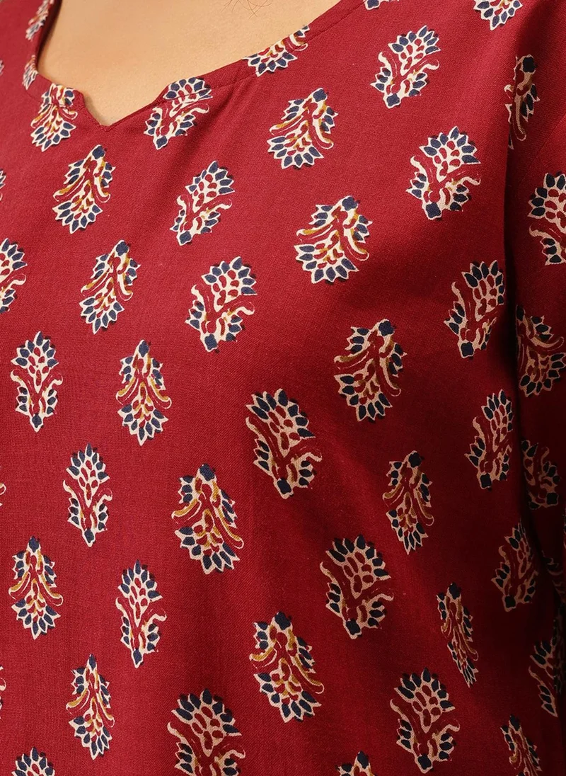 Clovia Maroon Clovia Floral Print Kurta Top & Pyjama Set in Maroon - Rayon for Women | Best Price UAE