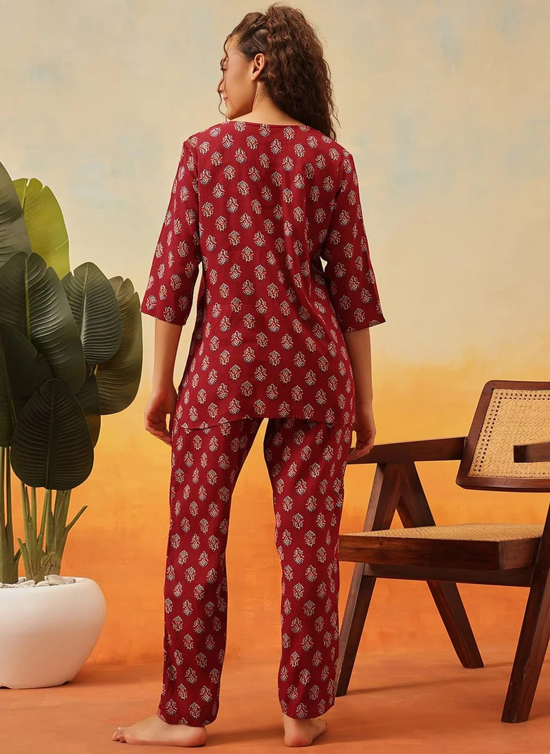 Clovia Maroon Clovia Floral Print Kurta Top & Pyjama Set in Maroon - Rayon for Women | Best Price UAE