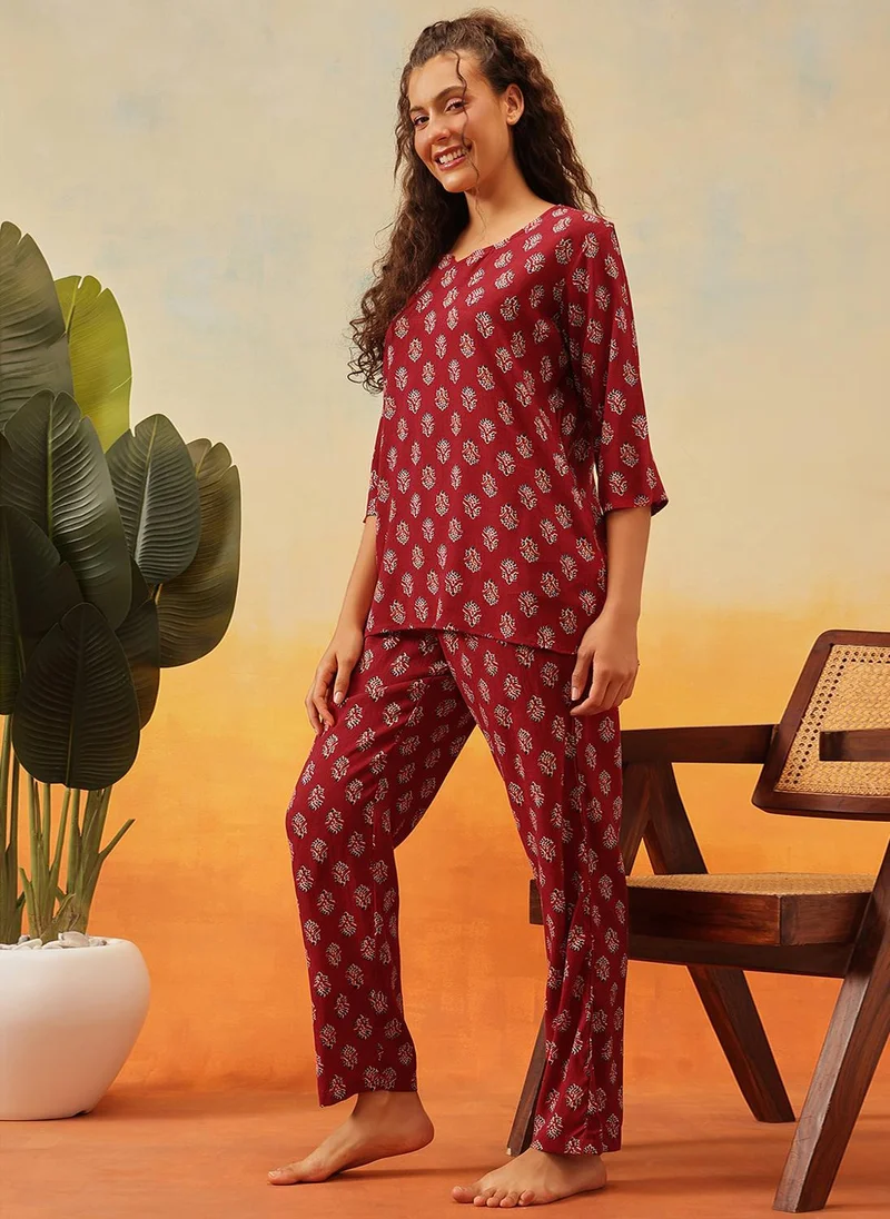 Clovia Maroon Clovia Floral Print Kurta Top & Pyjama Set in Maroon - Rayon for Women | Best Price UAE