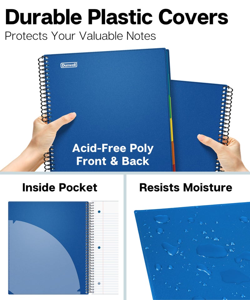 Dunwell 5-Subject Spiral Notebook, College Ruled (Blue), Colorful Movable Pocket Dividers with Tabs, Front/Back Plastic Covers, 200 Sheets (400 Pages) of 3-Hole Punch Perforated 8.5x11 Paper - Image 3