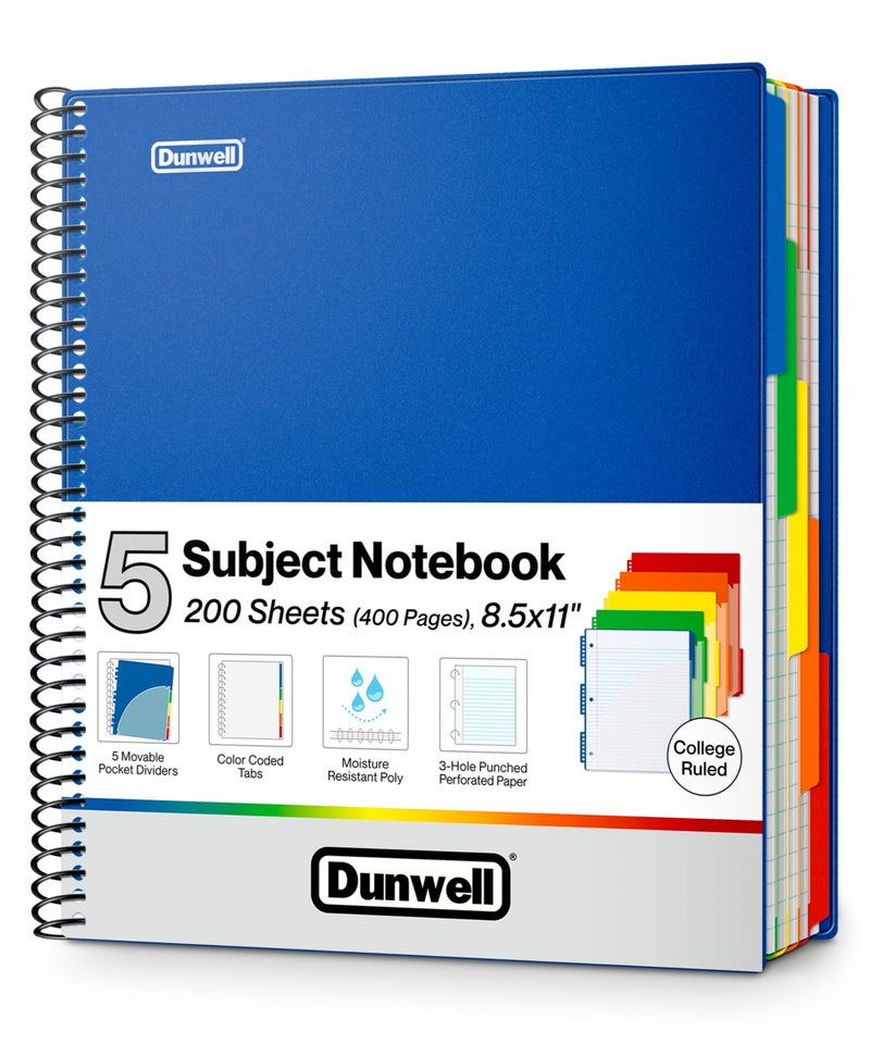 Dunwell 5-Subject Spiral Notebook, College Ruled (Blue), Colorful Movable Pocket Dividers with Tabs, Front/Back Plastic Covers, 200 Sheets (400 Pages) of 3-Hole Punch Perforated 8.5x11 Paper - Image 1
