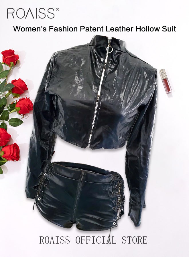roaiss Patent Leather Hollow out Lingerie Set for Women 2 Pieces Tops Front with Buckles and Strappy Shorts Set Cool Slim Fit Skin Friendly Sleepwear Underwear Suit  - Image 1