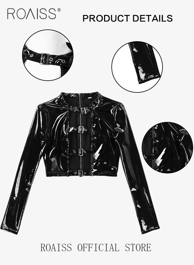 roaiss Patent Leather Hollow out Lingerie Set for Women 2 Pieces Tops Front with Buckles and Strappy Shorts Set Cool Slim Fit Skin Friendly Sleepwear Underwear Suit  - Image 2