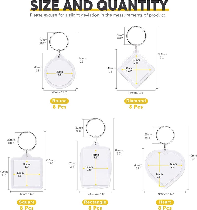 Mardatt 40Pcs Clear Acrylic Blank picture Photo frame keychain Personalized photo insert keychain bulk, Rectangle, Heart-Shaped, Round, Square and Rhombus Great for Personalized Keychains DIY Gift - Image 2