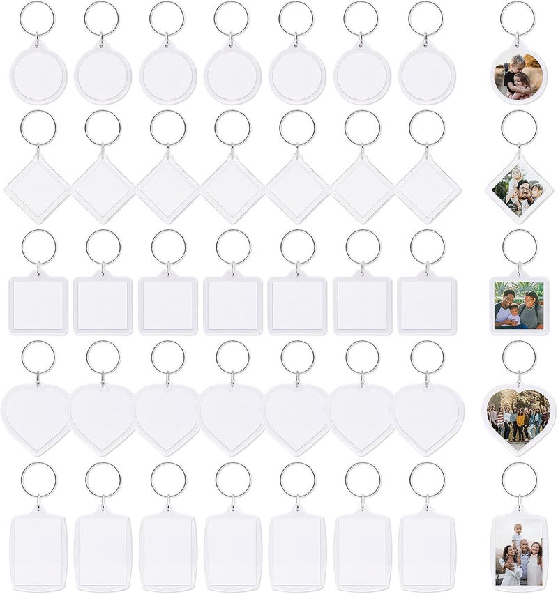 Mardatt 40Pcs Clear Acrylic Blank picture Photo frame keychain Personalized photo insert keychain bulk, Rectangle, Heart-Shaped, Round, Square and Rhombus Great for Personalized Keychains DIY Gift - Image 1
