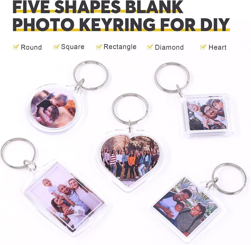 Mardatt 40Pcs Clear Acrylic Blank picture Photo frame keychain Personalized photo insert keychain bulk, Rectangle, Heart-Shaped, Round, Square and Rhombus Great for Personalized Keychains DIY Gift - Image 3