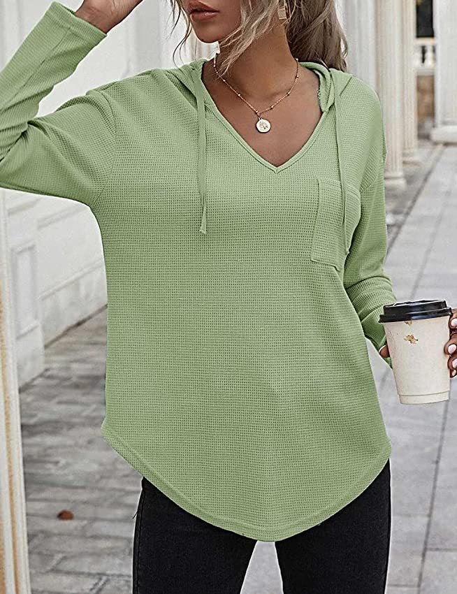 Womens V-Neck Hoodie Waffle Knit Sweatshirt with Pockets Mint Green 