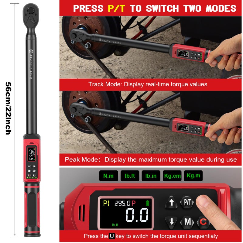 SUERCUP 1/2-inch Drive Digital Torque Wrench (4.4-295 Ft.lb/6-400Nm), Â±1% Accuracy Digital Torque Wrench with Buzzer and LED Alarm,9 Preset Mode and Four Units of Measure for Car, Moto and Bike, DIY - Image 3