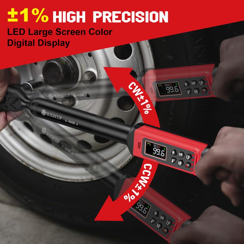 SUERCUP 1/2-inch Drive Digital Torque Wrench (4.4-295 Ft.lb/6-400Nm), Â±1% Accuracy Digital Torque Wrench with Buzzer and LED Alarm,9 Preset Mode and Four Units of Measure for Car, Moto and Bike, DIY - Image 2