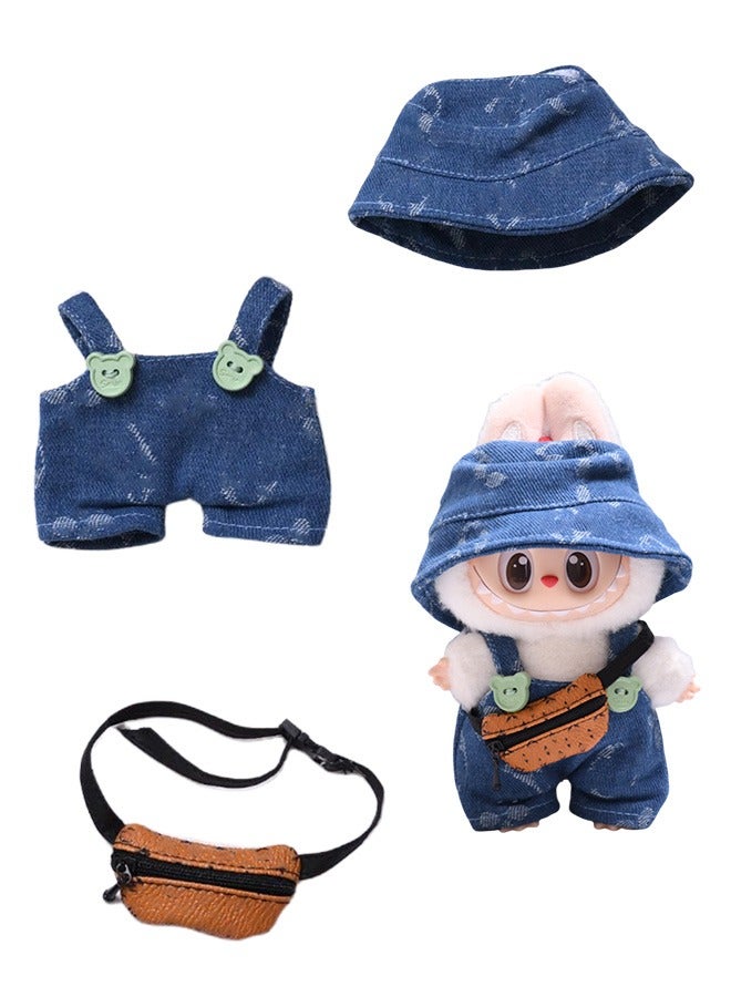 Doll clothes 3-piece outfit for labubu (without doll) | Fashion clothes set for 15-17 cm doll | Bucket hat + overalls + Bag | Compatible with Have a Seat/Macaron Series (Blue)  - Image 1