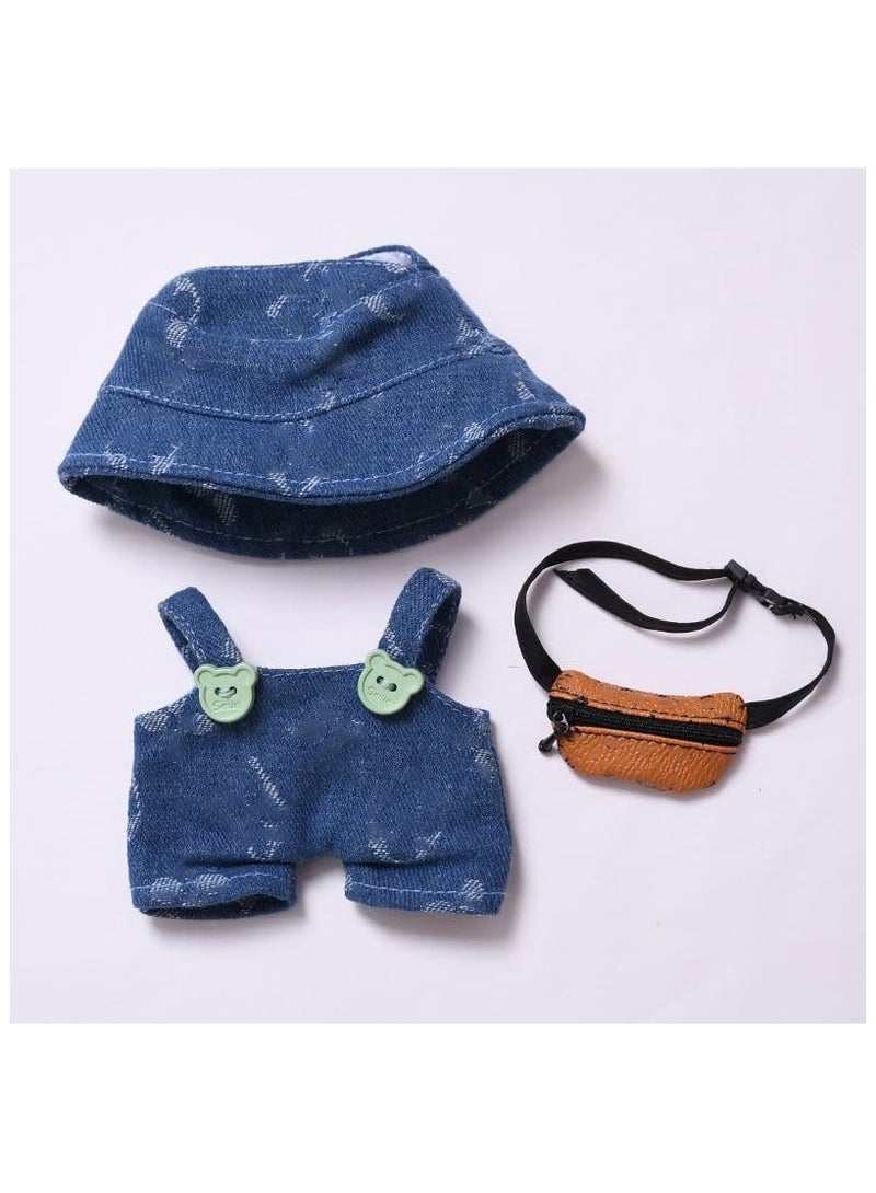 Doll clothes 3-piece outfit for labubu (without doll) | Fashion clothes set for 15-17 cm doll | Bucket hat + overalls + Bag | Compatible with Have a Seat/Macaron Series (Blue)  - Image 4