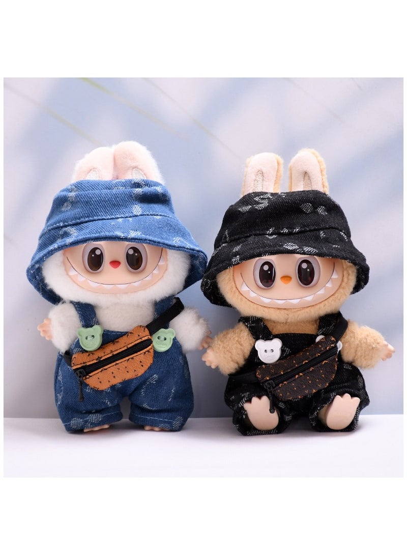 Doll clothes 3-piece outfit for labubu (without doll) | Fashion clothes set for 15-17 cm doll | Bucket hat + overalls + Bag | Compatible with Have a Seat/Macaron Series (Blue)  - Image 5