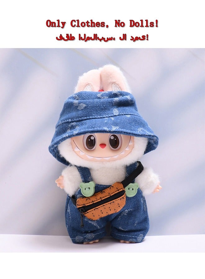 Doll clothes 3-piece outfit for labubu (without doll) | Fashion clothes set for 15-17 cm doll | Bucket hat + overalls + Bag | Compatible with Have a Seat/Macaron Series (Blue)  - Image 2