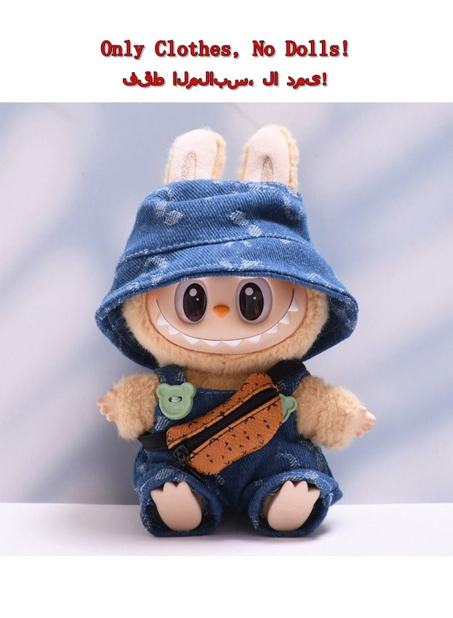 Doll clothes 3-piece outfit for labubu (without doll) | Fashion clothes set for 15-17 cm doll | Bucket hat + overalls + Bag | Compatible with Have a Seat/Macaron Series (Blue)  - Image 3
