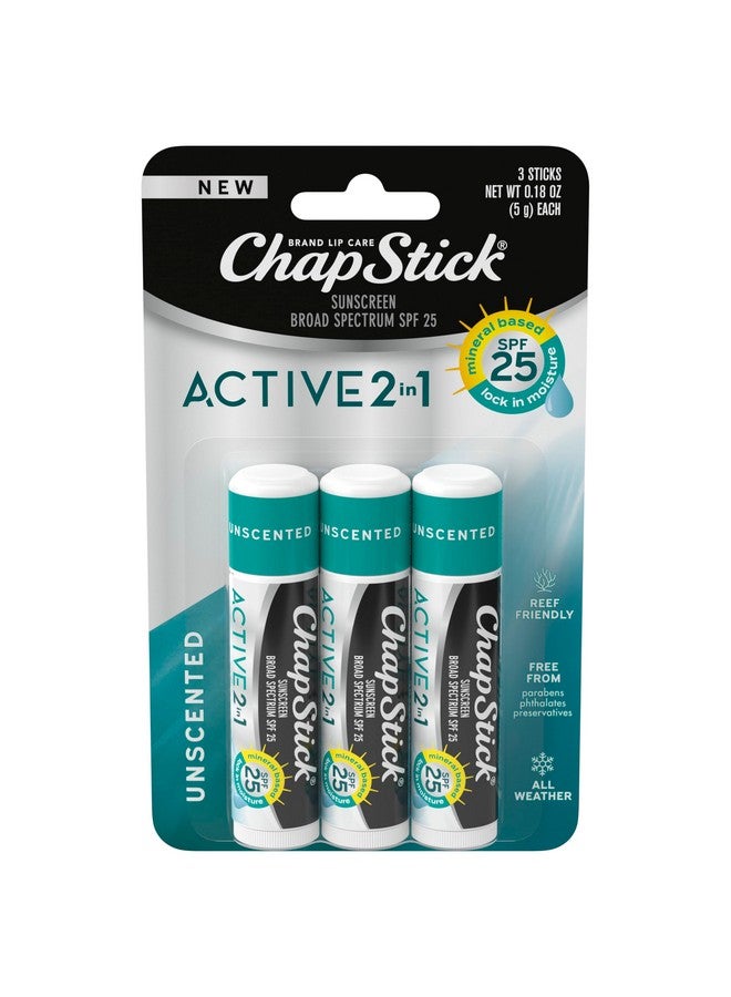 تشابستيك أنابيب مرطب شفاه ChapStick Active 2 في 1 بدون رائحة ونكهة مع عامل حماية من الشمس SPF 25 قائم على المعادن - 0.18 أونصة (عبوة من 3 قطع) - Image 1
