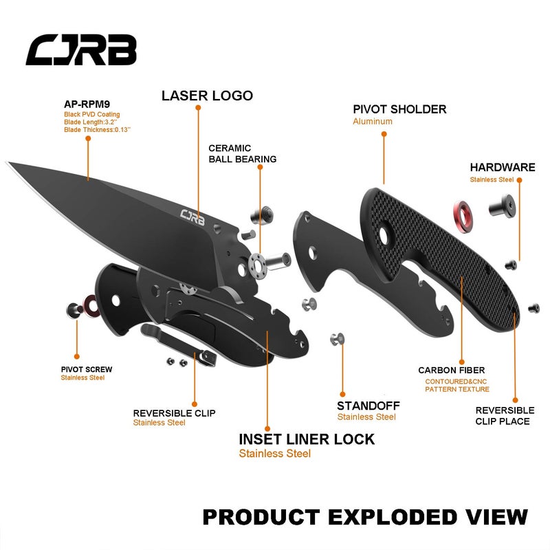 CJRB CUTLERY سكين طي CJRB CUTLERY فيلدسبار (J1912) شفرات فولاذ AR-RPM9 مسحوق أسود PVD مقبض من ألياف الكربون سكين جيب سكين EDC، مقبض من ألياف الكربون - Image 3
