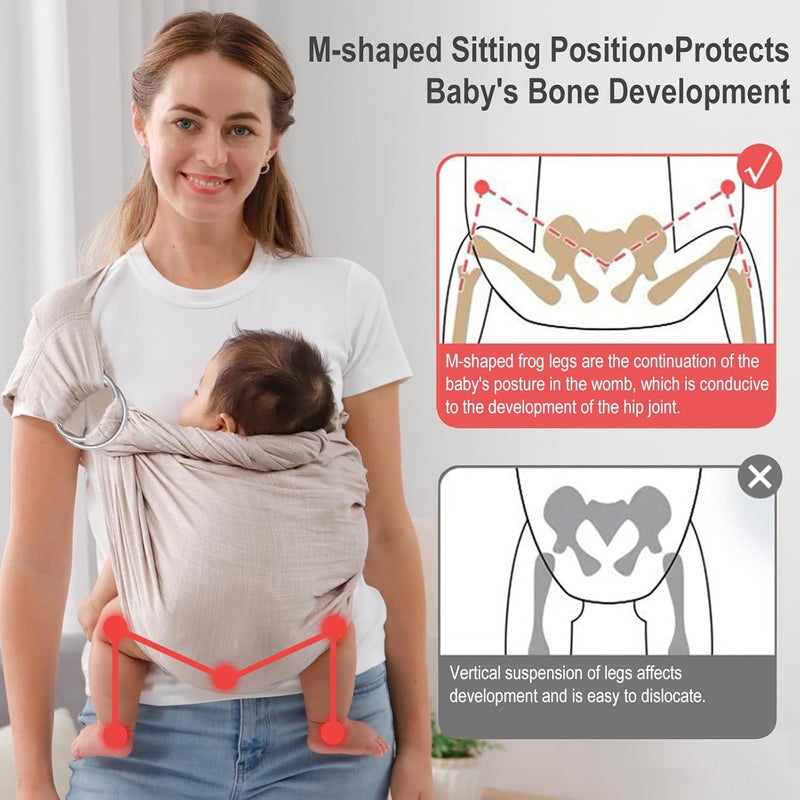 vrbabies Double Ring Sling Baby Carrier for Newborn to ToddlerAdjustable Muslin Infant Wearing Wraps Carrier Sling Holder Carrier Scarf Ideal Baby Gift for New Parents Light Grey - Image 3