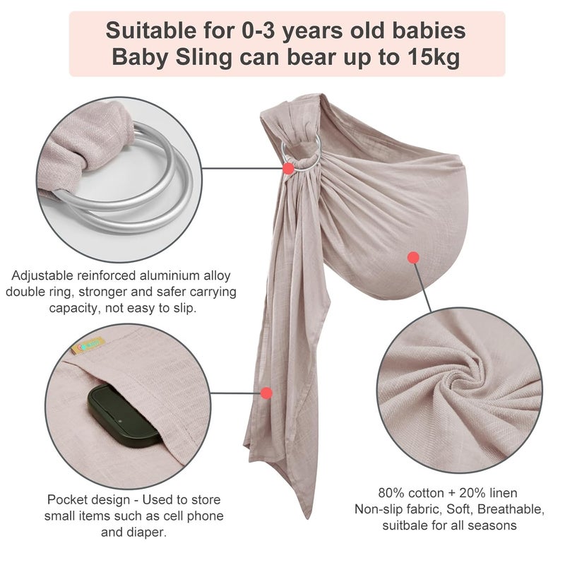 vrbabies Double Ring Sling Baby Carrier for Newborn to ToddlerAdjustable Muslin Infant Wearing Wraps Carrier Sling Holder Carrier Scarf Ideal Baby Gift for New Parents Light Grey - Image 2