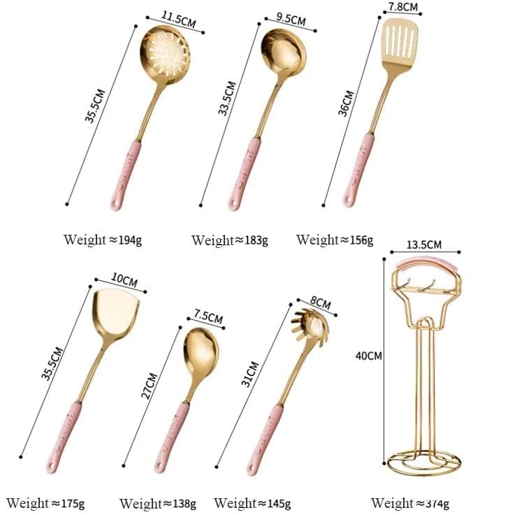 Artek Cookware Serving Spoon - Gold Plated Stainless Steel Kitchen Cooking Set with Stand - Ceramic Handle - 6 pcs (Pink) - Image 2