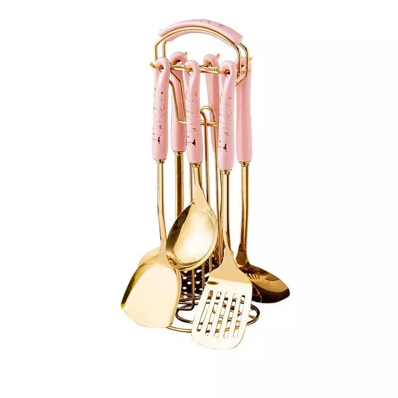 Artek Cookware Serving Spoon - Gold Plated Stainless Steel Kitchen Cooking Set with Stand - Ceramic Handle - 6 pcs (Pink) - Image 1