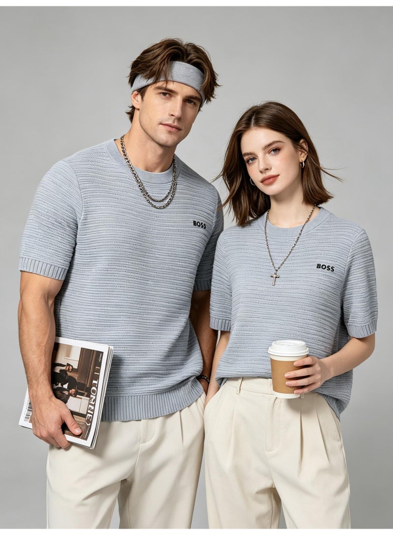 BOSS Casual Short Sleeve Knit Top For Men And Women, Daily Wear Crew Neck Tee, Light Grey - Image 3