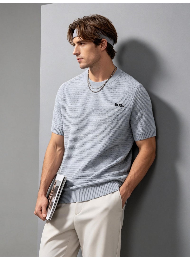 BOSS Casual Short Sleeve Knit Top For Men And Women, Daily Wear Crew Neck Tee, Light Grey - Image 2