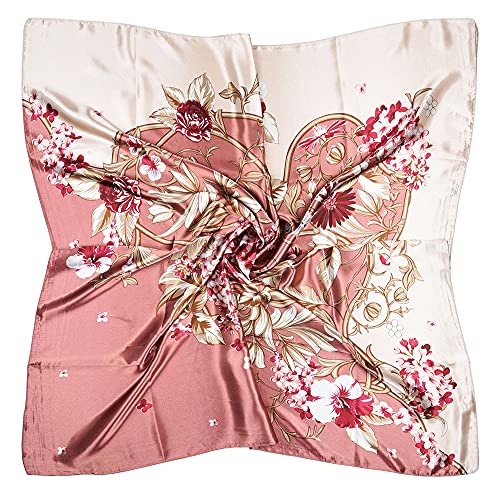 vabovin 35" Women's Kerchief Neckerchief Satin Square Silk Feeling Scarf for Hair Wrapping at Night (Pink Flowers) - Image 1