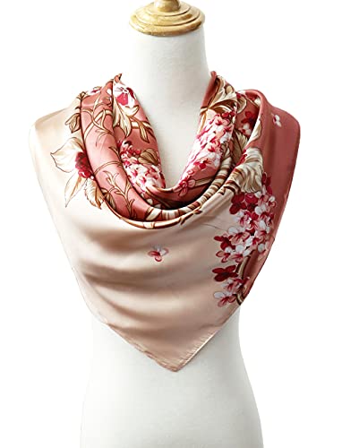 vabovin 35" Women's Kerchief Neckerchief Satin Square Silk Feeling Scarf for Hair Wrapping at Night (Pink Flowers) - Image 2