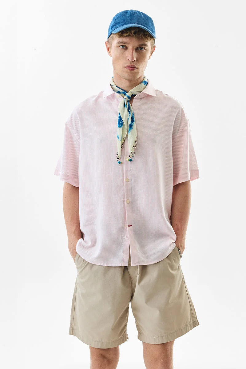 SNITCH Pink Striped Half Sleeve Oversized Shirt