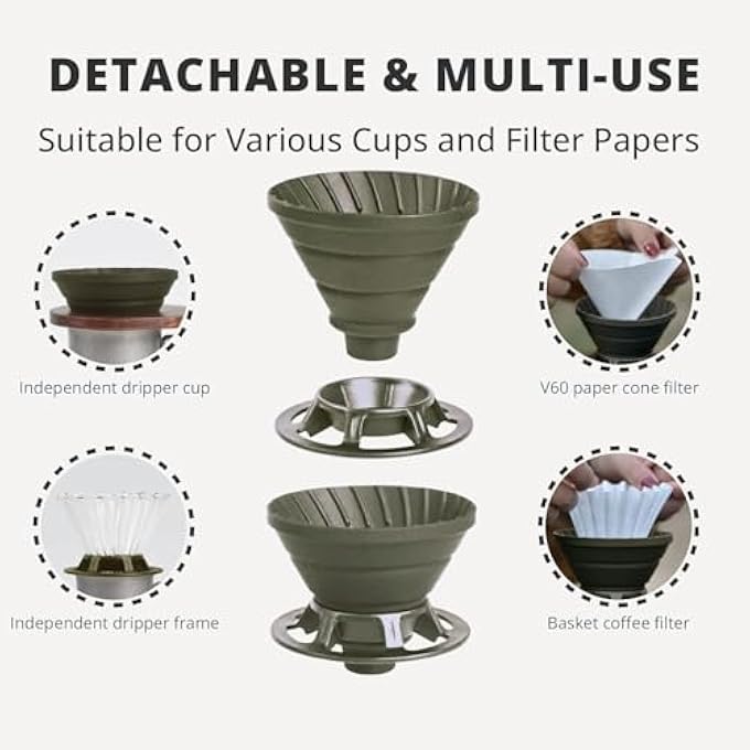 SWIUKPHE Collapsible Coffee Dripper Silicone Reusable Pour Over Coffee Maker Pour Over Coffee Dripper For Camping Business Trip HomeOffice Single Clever Coffee Dripper Green 12 Cup - Image 4