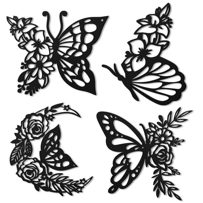 LOYIM 4 Pcs Butterfly Wall Decoration Metal Butterfly Wall Decor Metal Leaf Wall Art Moon Phases Floral Boho Wall Hanging Home Flower Appearance for Bedroom Living Room Home Indoor (Black,Graceful) - Image 1