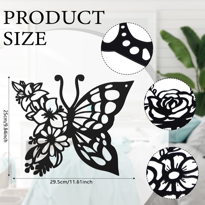LOYIM 4 Pcs Butterfly Wall Decoration Metal Butterfly Wall Decor Metal Leaf Wall Art Moon Phases Floral Boho Wall Hanging Home Flower Appearance for Bedroom Living Room Home Indoor (Black,Graceful) - Image 3