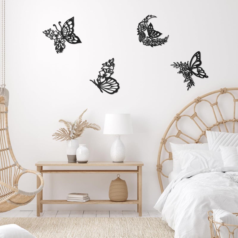 LOYIM 4 Pcs Butterfly Wall Decoration Metal Butterfly Wall Decor Metal Leaf Wall Art Moon Phases Floral Boho Wall Hanging Home Flower Appearance for Bedroom Living Room Home Indoor (Black,Graceful) - Image 2