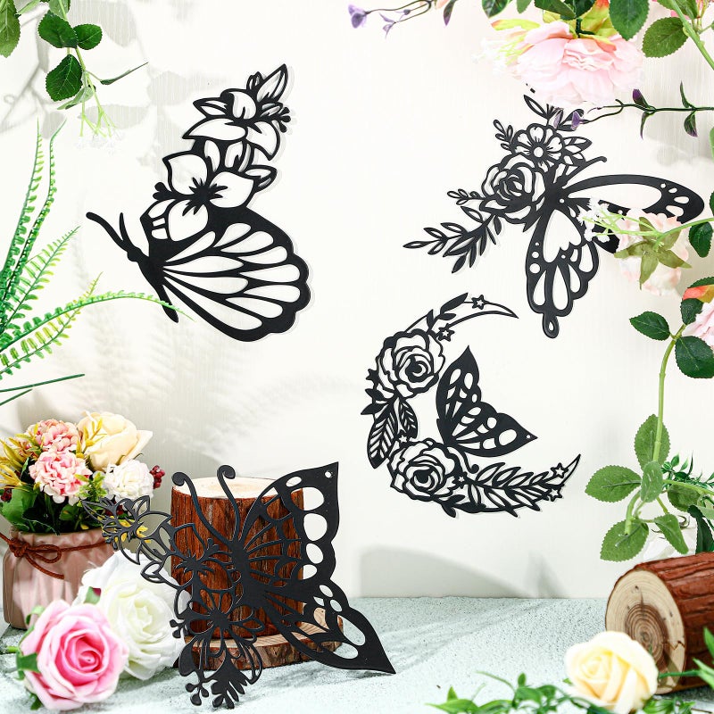 LOYIM 4 Pcs Butterfly Wall Decoration Metal Butterfly Wall Decor Metal Leaf Wall Art Moon Phases Floral Boho Wall Hanging Home Flower Appearance for Bedroom Living Room Home Indoor (Black,Graceful) - Image 5