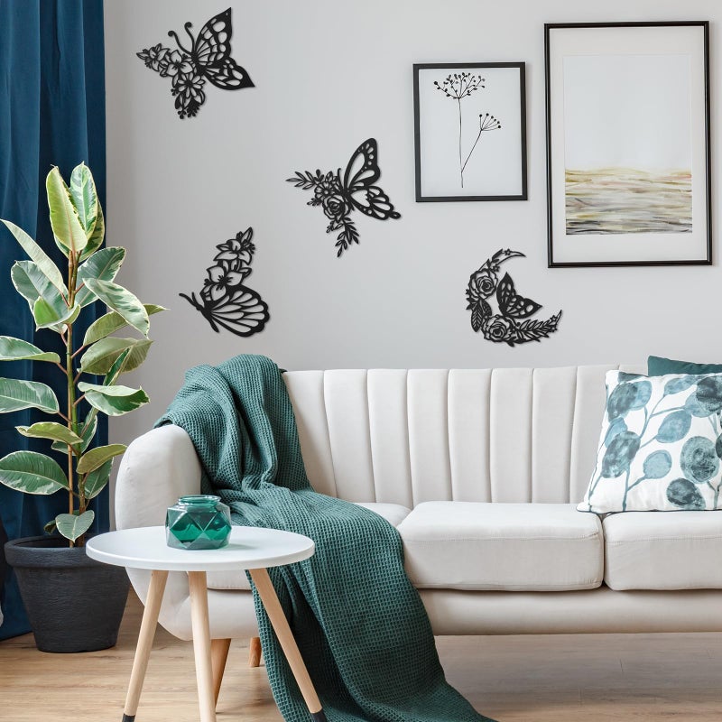 LOYIM 4 Pcs Butterfly Wall Decoration Metal Butterfly Wall Decor Metal Leaf Wall Art Moon Phases Floral Boho Wall Hanging Home Flower Appearance for Bedroom Living Room Home Indoor (Black,Graceful) - Image 4