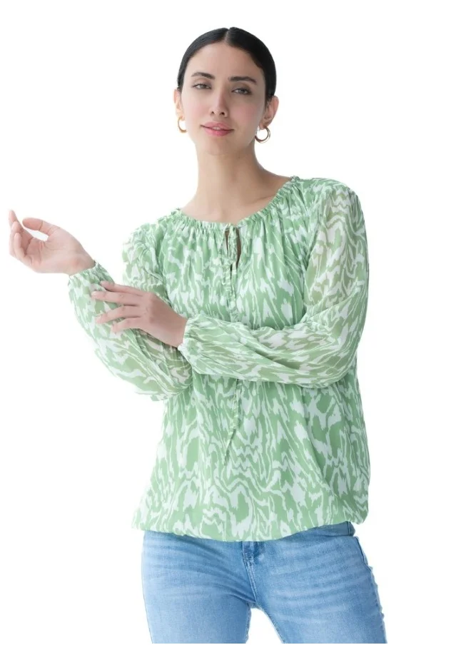 زابايوني Green Printed Long Sleeve Blouse