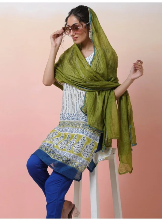AKS Striped Printed V-Neck Kurta & Trousers With Dupatta