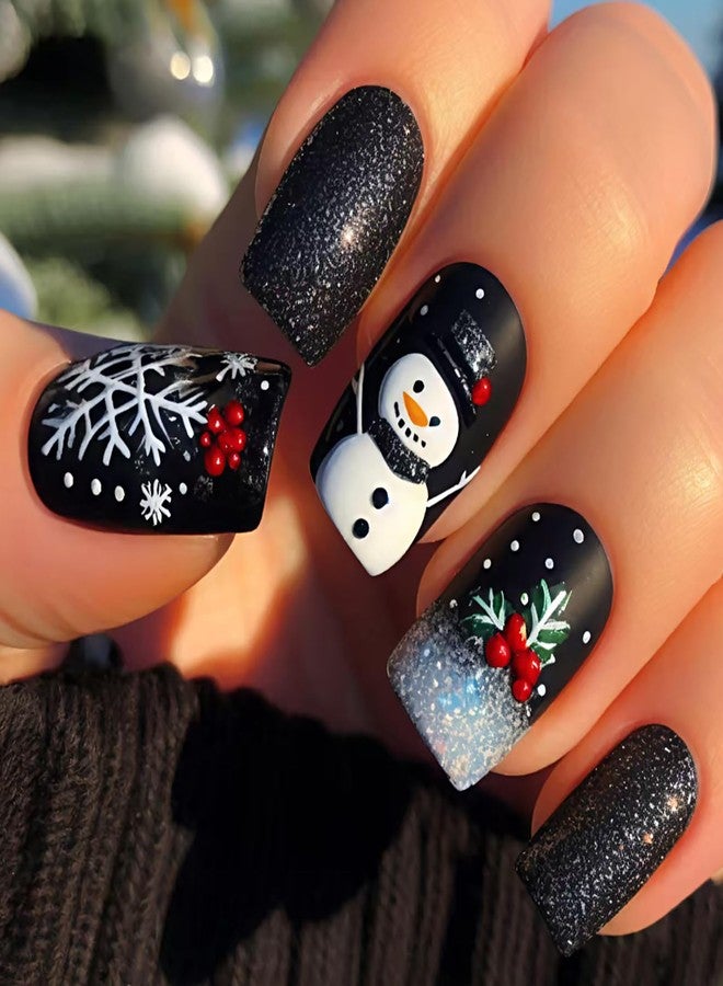 ASABITE 24Pcs Black Christmas Press on Nails Medium Square Fake Nails with Snowman Snowflake Christmas Tree Design Glitter False Nails Christmas Nails Press ons Full Cover Reusable Stick on Nail for Women - Image 1