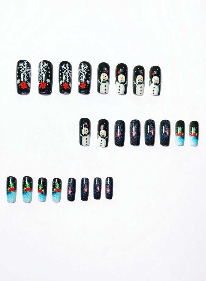 ASABITE 24Pcs Black Christmas Press on Nails Medium Square Fake Nails with Snowman Snowflake Christmas Tree Design Glitter False Nails Christmas Nails Press ons Full Cover Reusable Stick on Nail for Women - Image 4