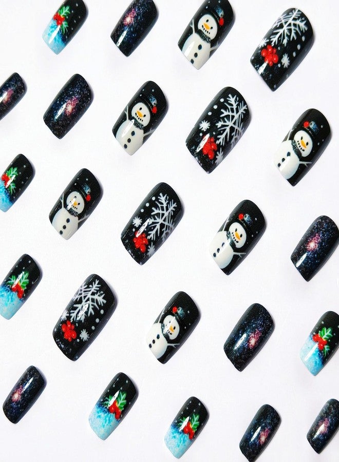 ASABITE 24Pcs Black Christmas Press on Nails Medium Square Fake Nails with Snowman Snowflake Christmas Tree Design Glitter False Nails Christmas Nails Press ons Full Cover Reusable Stick on Nail for Women - Image 2