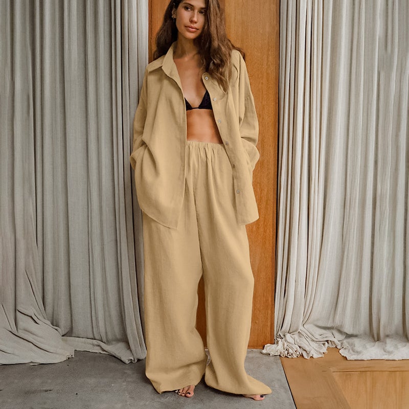 Casual khaki Cotton Linen Breathable Long-sleeved Trousers Two-piece Set Autumn European and American All-match Loose Street-style suit Women Khaki