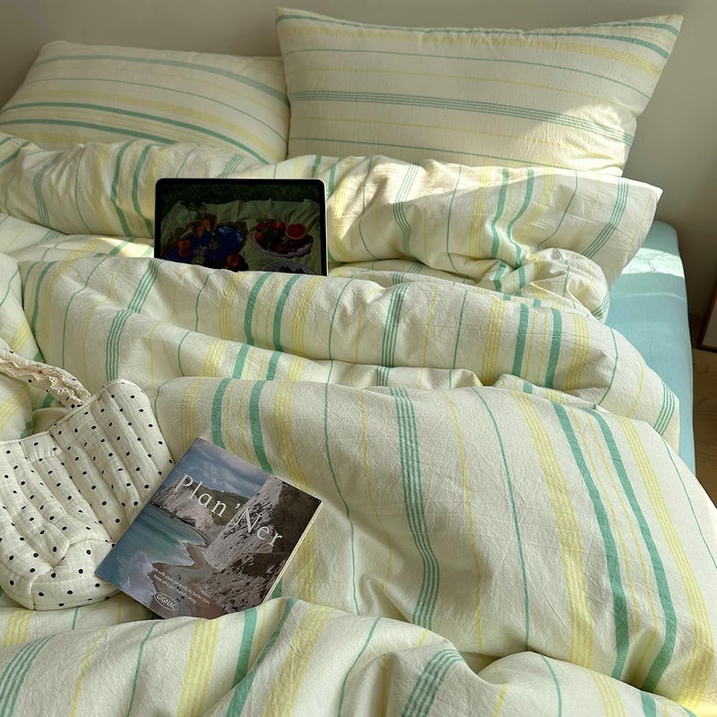 EAVD Vintage Striped Comforter Set Twin XL Soft Cotton 3-Piece Boho Bedding Set with 2 Pillowcases Retro Yellow-Green Vertical Stripes Geometric Comforter Set for All-Season - Image 2